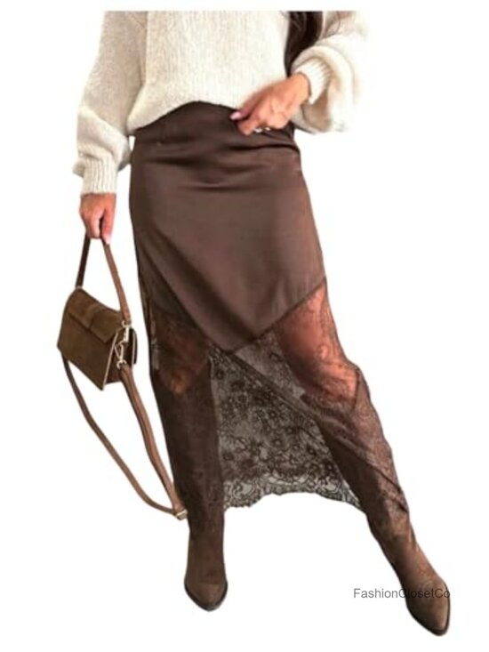 Dresses & Skirts - Lace Maxi Skirt Satin Asymmetrical High Waist Bodycon